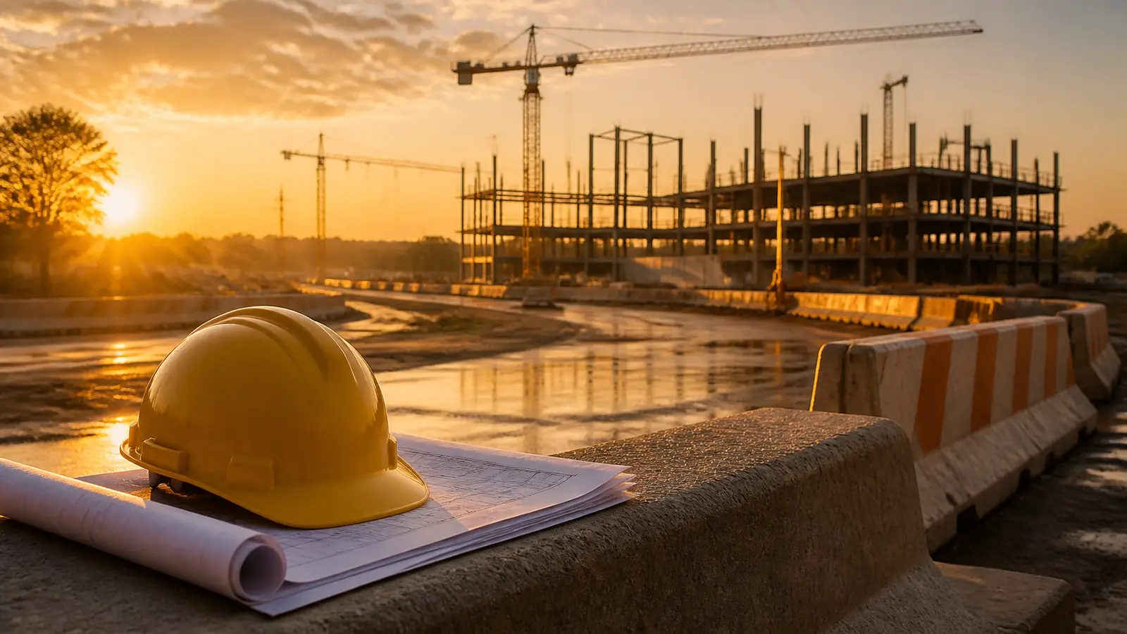 Hard hat and blueprints at a Central Texas construction site