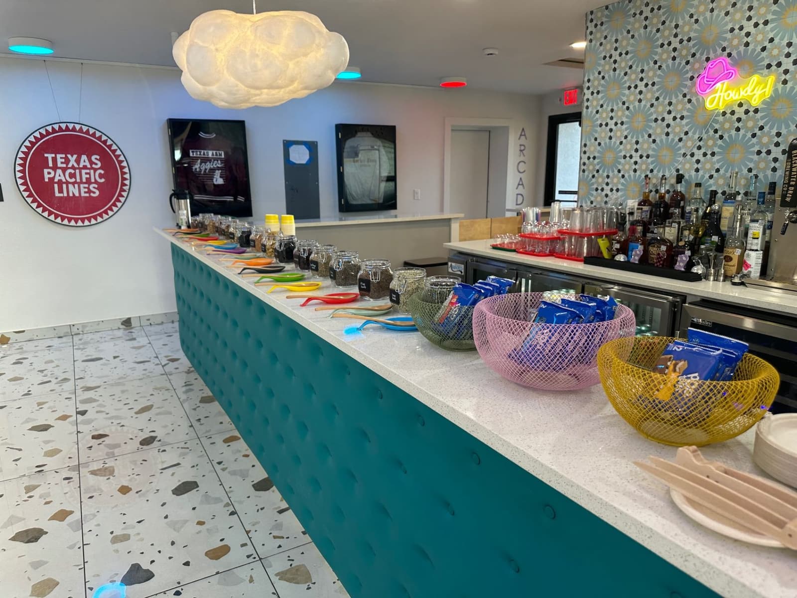 Interior bar counter with patterned tile wall