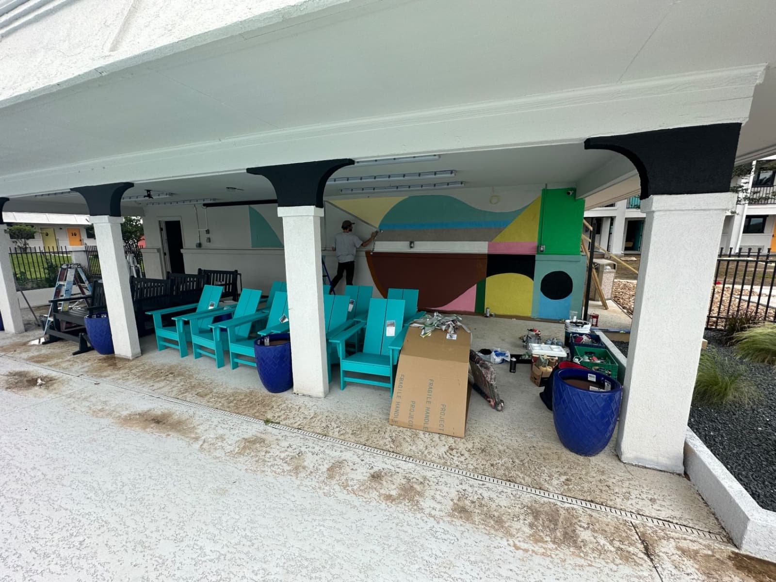 Covered amenity area with wall painting